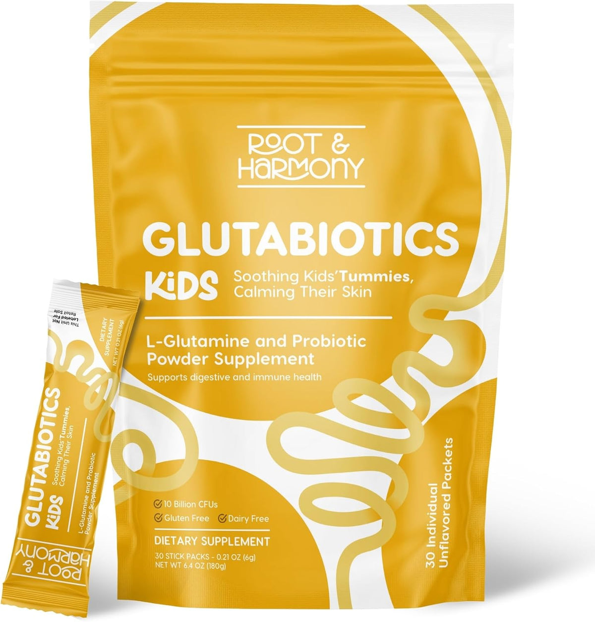 Glutabiotics Kids pouch beside a single unflavored stick pack on a white background, 30 stick packs per pouch