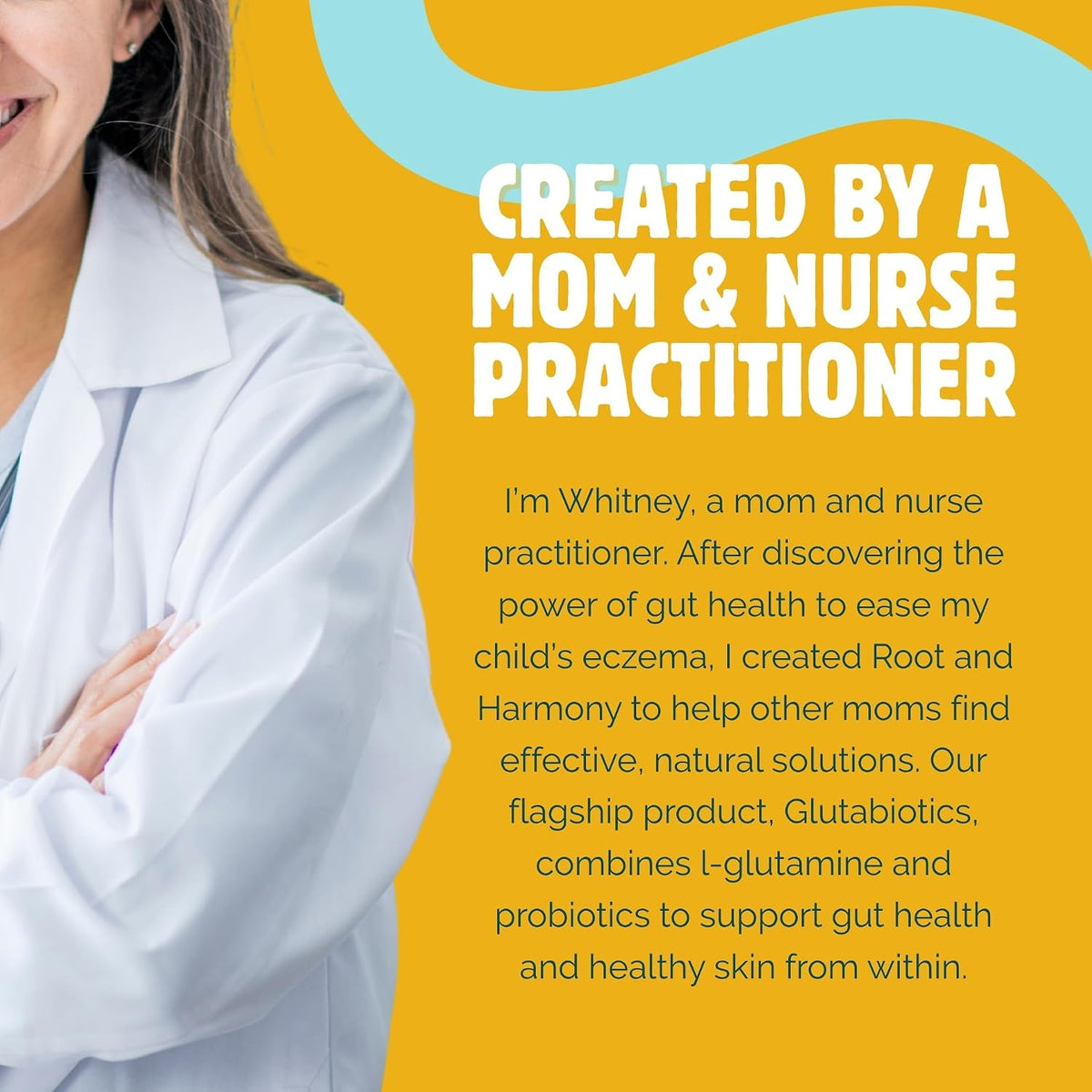Whitney, the nurse practitioner and mom who created Glutabiotics Kids, wearing a white lab coat