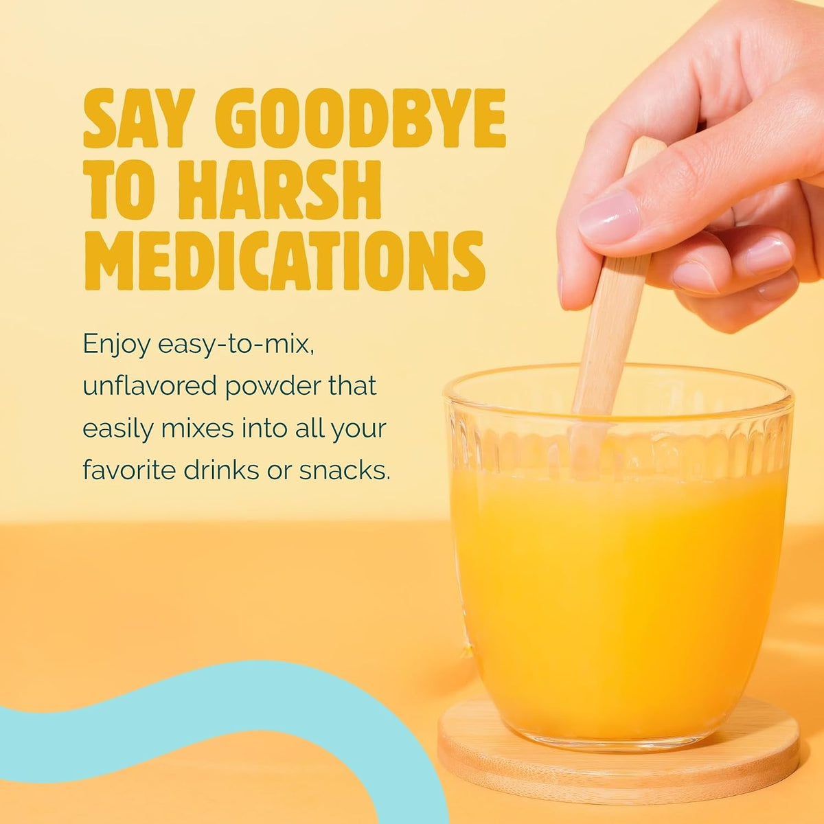 Glutabiotics Kids unflavored powder being stirred into a glass of orange juice with a wooden stick