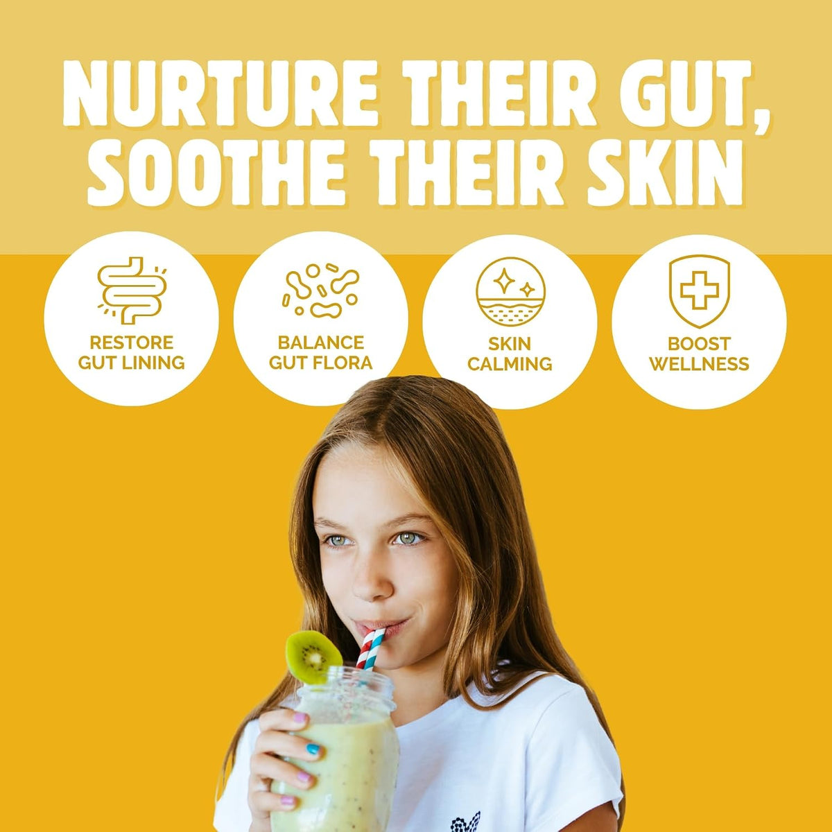 Girl drinking a smoothie next to four Glutabiotics Kids benefit icons: restore gut lining, balance gut flora, skin calming and boost wellness