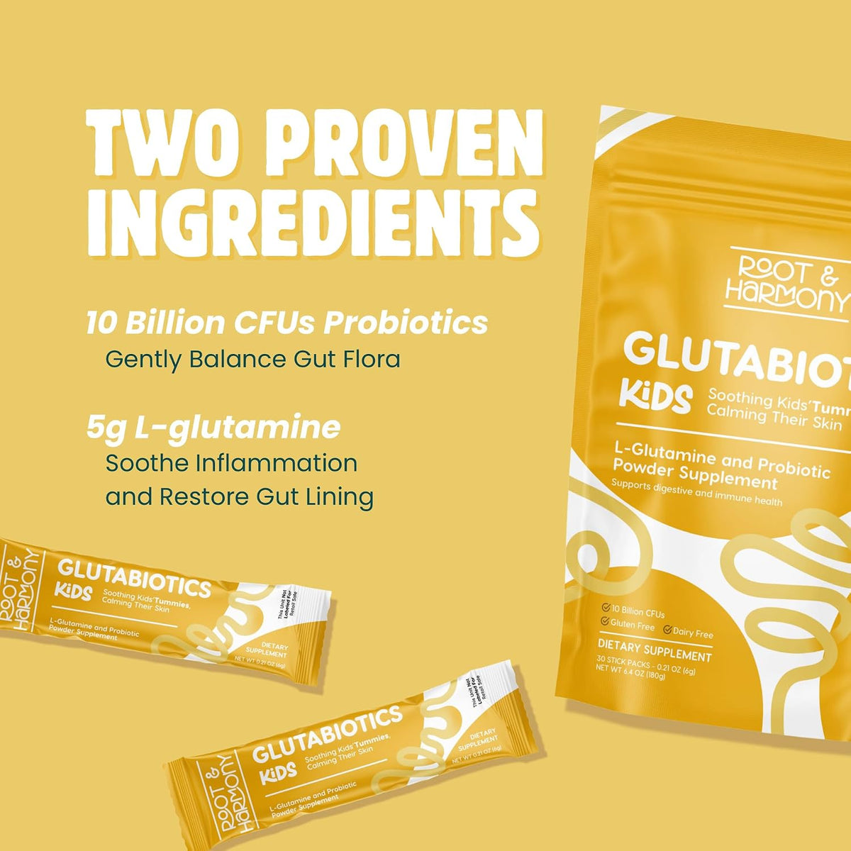 Glutabiotics Kids pouch with two stick packs and its two key ingredients, 10 billion CFUs of probiotics and 5 g of L-glutamine