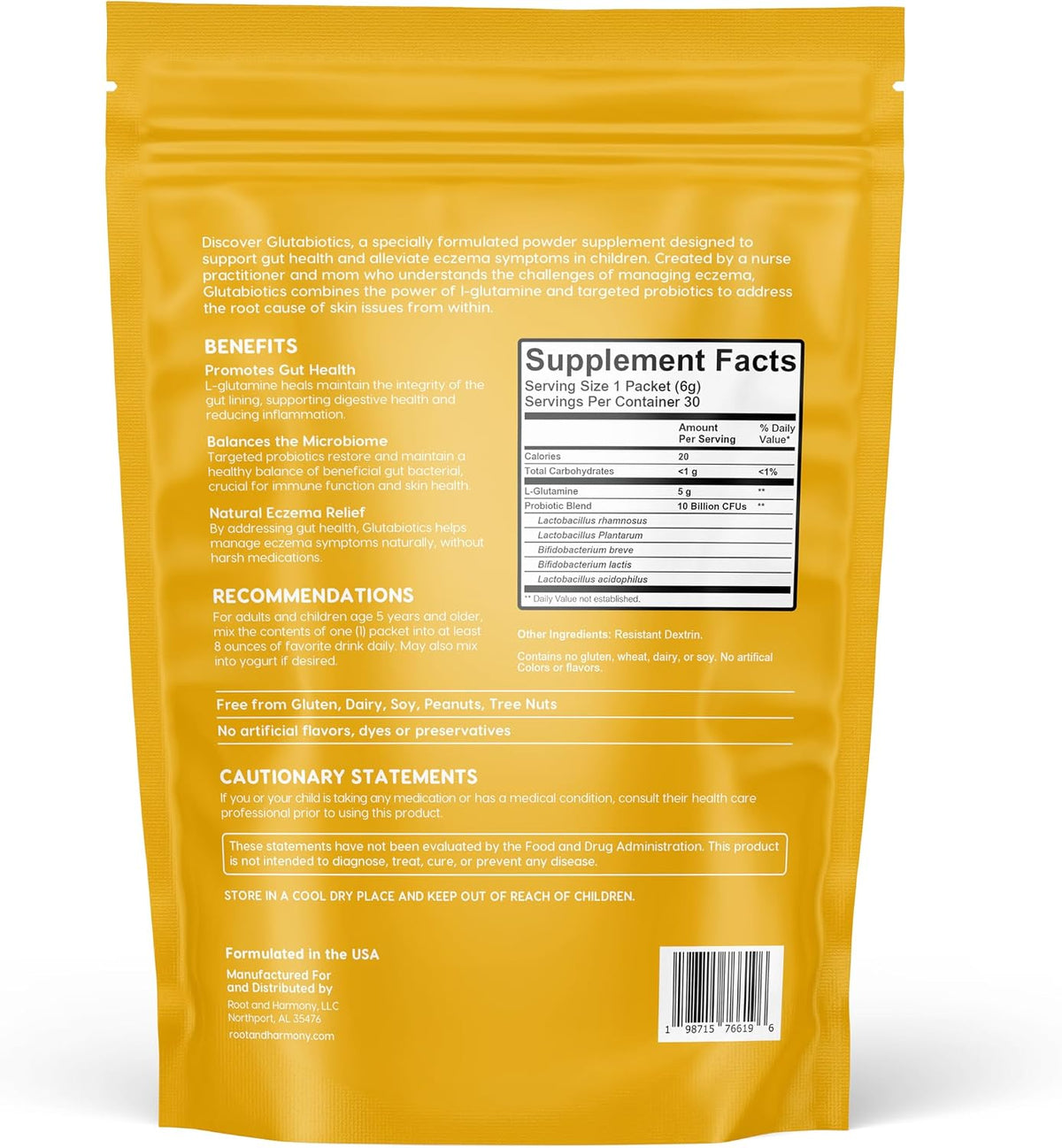 Back of the Glutabiotics Kids pouch showing the supplement facts panel, probiotic strains, mixing directions and allergen information