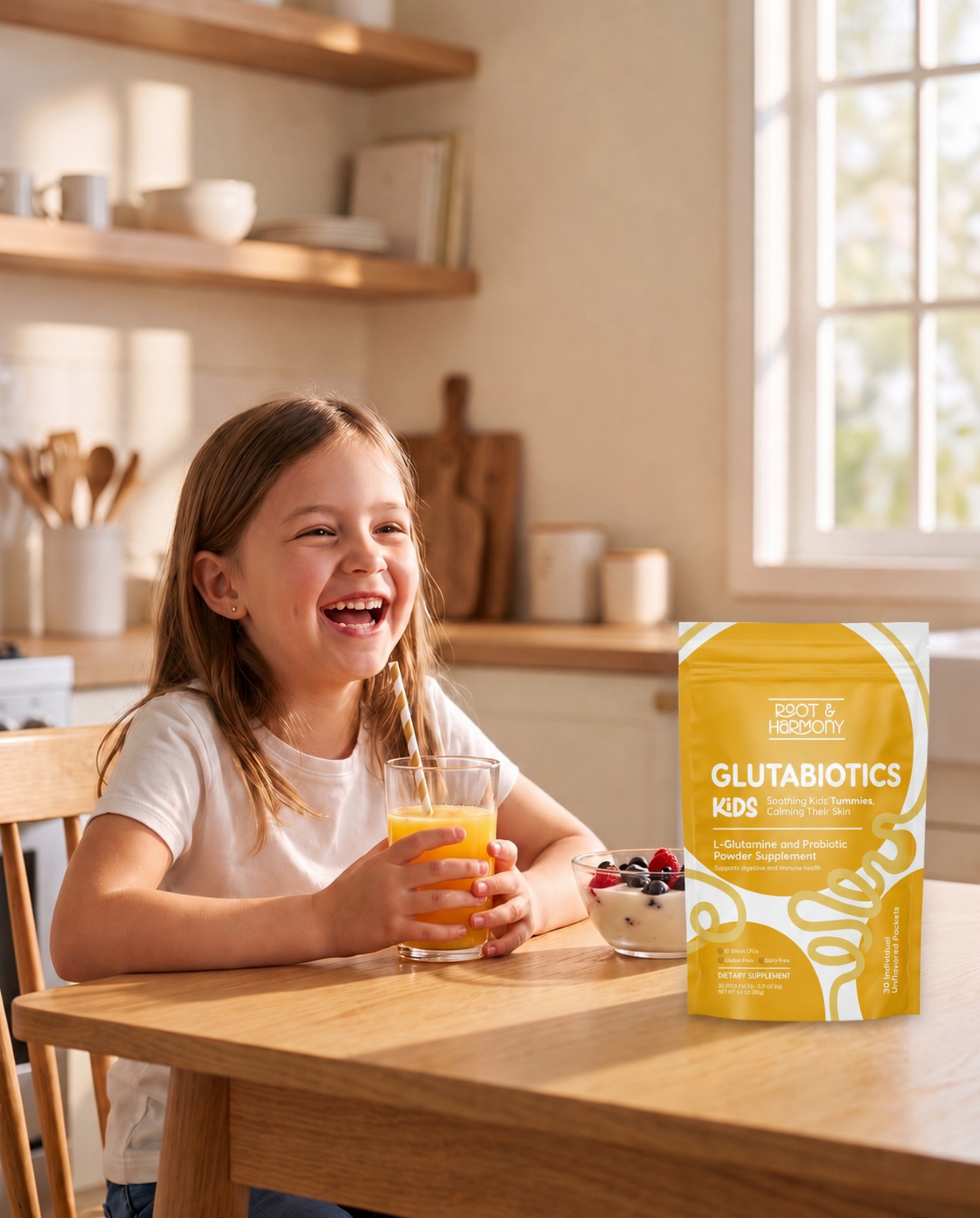A child laughing over a glass of juice next to a pouch of Glutabiotics Kids
