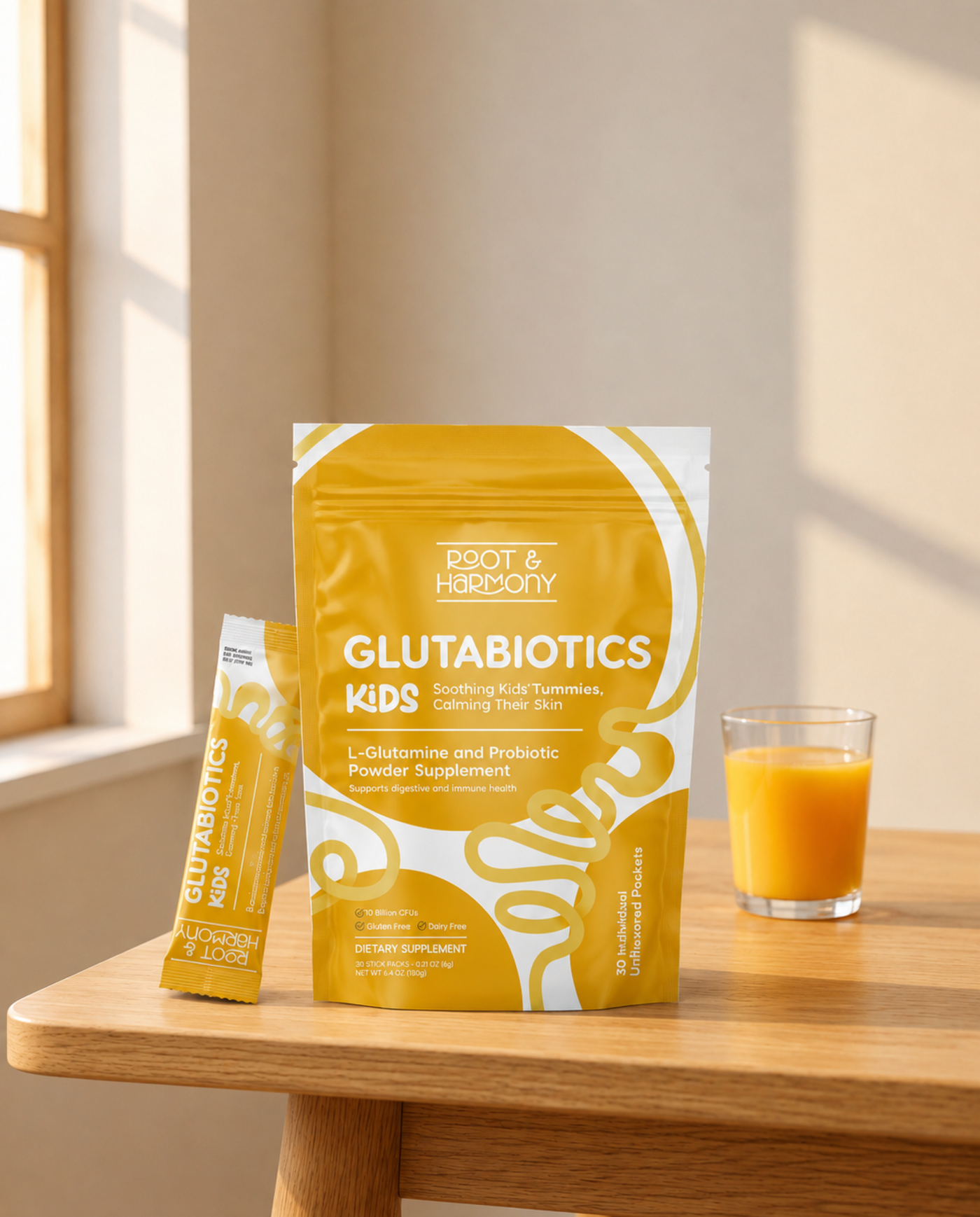 Glutabiotics Kids pouch with a single-serve stick pack and a glass of juice on a kitchen table
