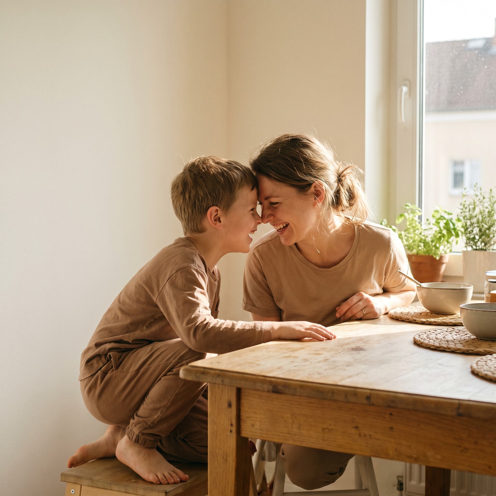 A mother and her young son laughing together in a sunlit kitchen