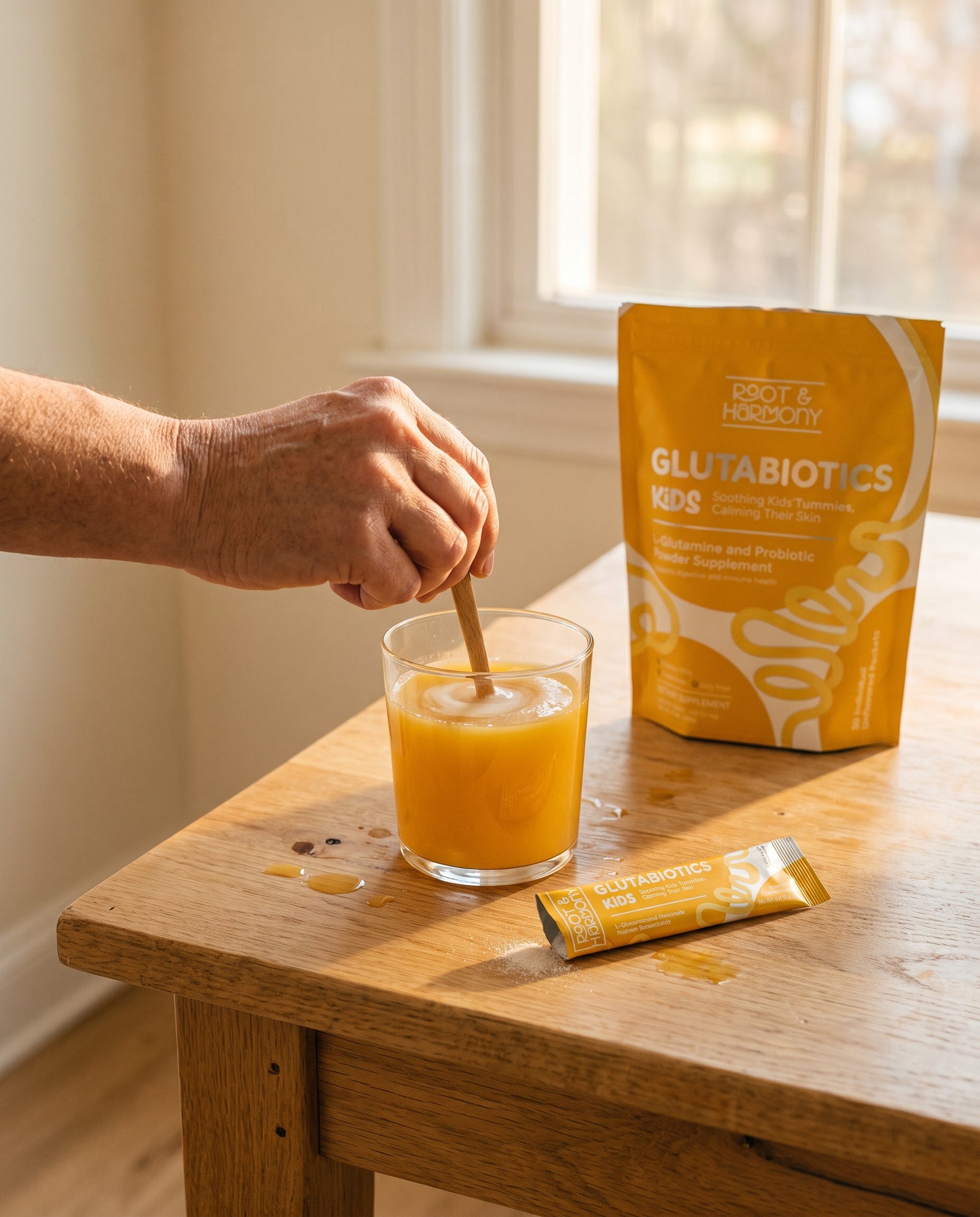 Stirring a Glutabiotics stick pack into a glass of orange juice