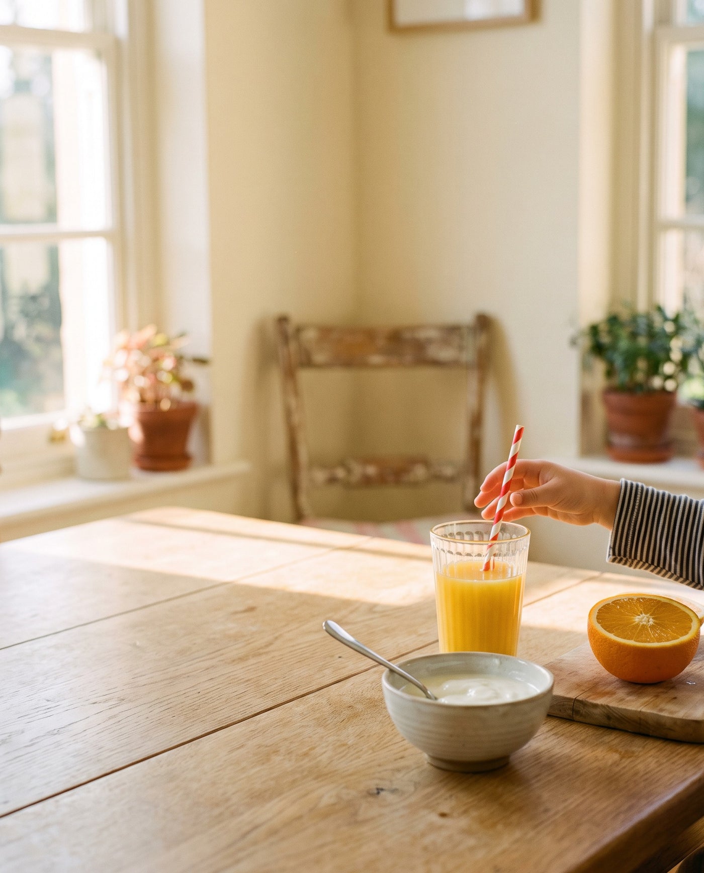 A sunlit kitchen table set for breakfast with yogurt, fruit and a morning drink